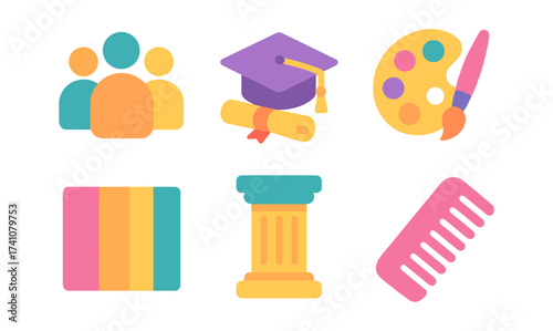Colorful education and art icons set illustrating learning themes