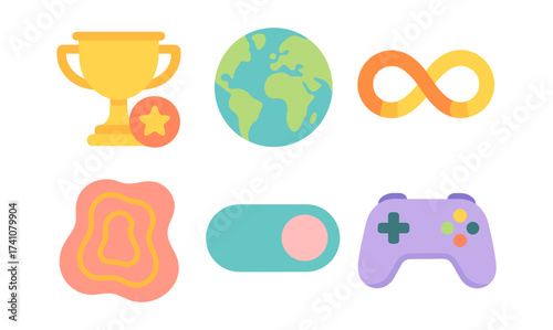 Colorful flat icons: trophy, earth, infinity, abstract shapes, toggle, game controller