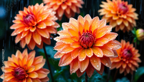 Vibrant orange dahlias blooming in the rain with water droplets