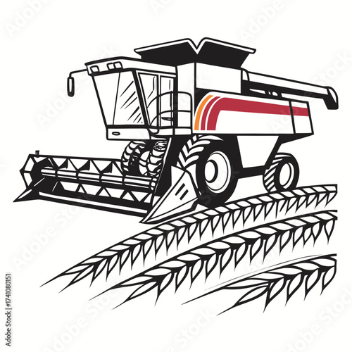Stylized combine harvester harvesting wheat vector illustration