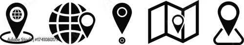 Map location icons set — GPS pin, globe, navigation, and direction symbols