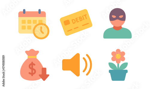 Colorful icons of finance, crime, and nature in modern flat design
