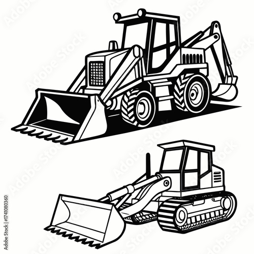 Two black and white construction vehicles with loaders