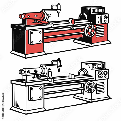 Two lathe machines one red and black one black and white