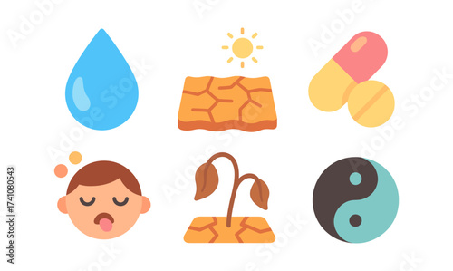 Hydration and dehydration symbols: water drop, dry skin, medication, yin yang, tired face, wilted plant