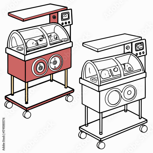 Two medical incubators one red one outline hospital