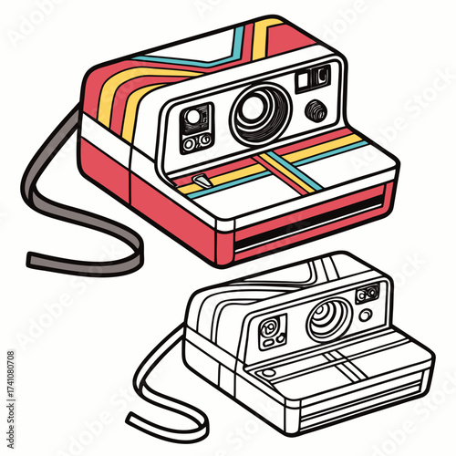 Two retro instant cameras one colored one outline vintage