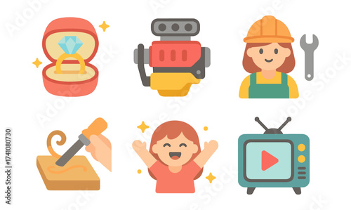 Colorful flat design icons: jewelry, robotics, construction, crafting, celebration, and entertainment