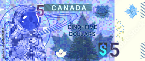 Vector fictional colored pixel mosaic banknote, denomination of 5 Canadian dollars. Cartoon astronaut and saturn. Symbol of Canada, maple leaf. Spruce. Five. Blue obverse of note