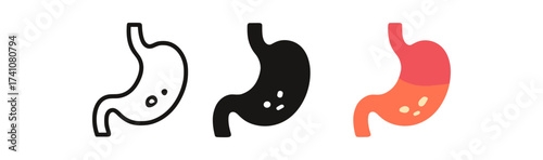 Stylized stomach icon set: outline, silhouette, and colorful designs