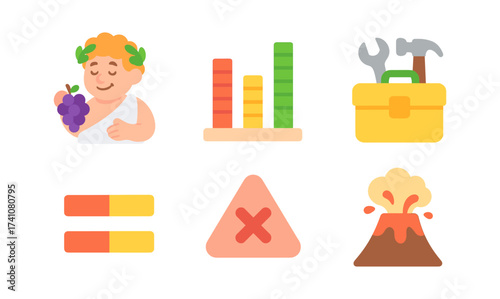 Colorful icons: greek myth, analysis charts, tools, equality, caution, volcano eruption