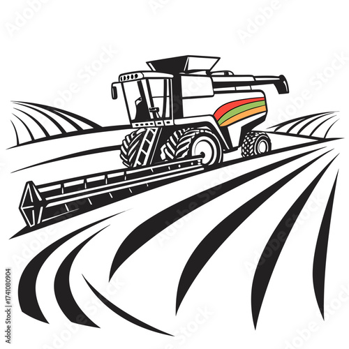 Vector combine harvester in a stylized field agriculture