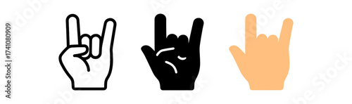 Trio of hand gesture icons: outline, silhouette, flat styles