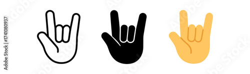 Diverse hand gestures: i love you sign in outline, silhouette, and flat design