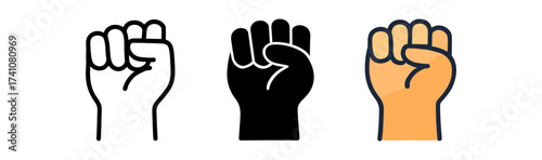Diverse raised fist icons in silhouette, linear, and flat styles