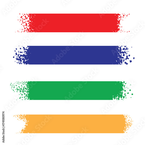 Four horizontal brush stroke banners in red, blue, green, and orange with a distressed texture.