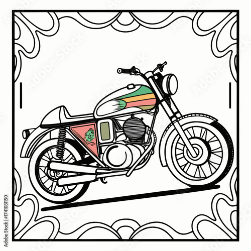 Vintage motorcycle with colorful stripes and ornate border
