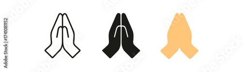 Minimalist prayer hand icons in outline, solid, and flat styles