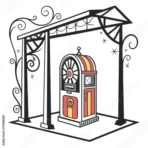 Vintage jukebox under ornate archway with stars retro