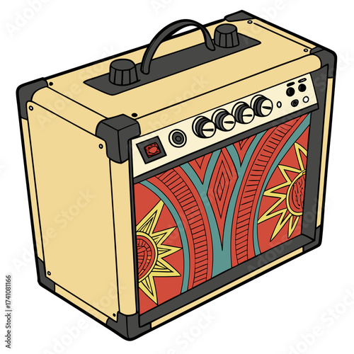 Vintage guitar amplifier with colorful geometric speaker grille