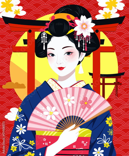 Geisha in Traditional Kimono with Fan, Cherry Blossoms, Torii Gate, Vibrant Red Background