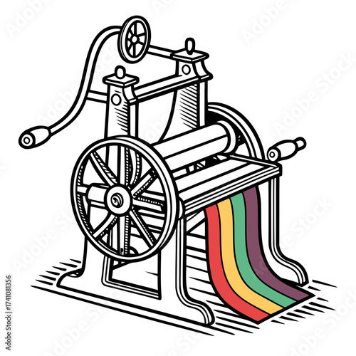 Vintage textile weaving machine with rainbow colored fabric