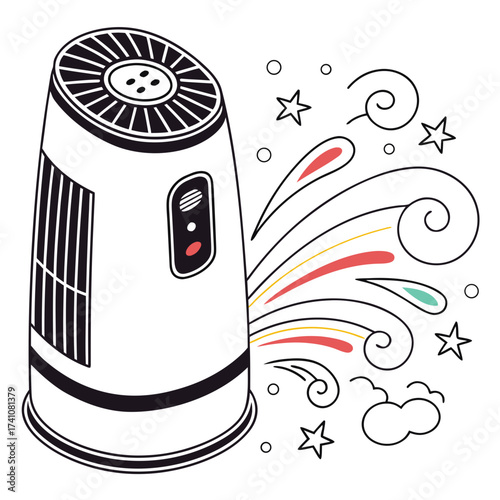 White air purifier with colorful abstract swirls and stars