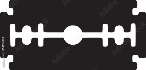 A stark black razor blade icon isolated against a plain white background in a minimalist style design