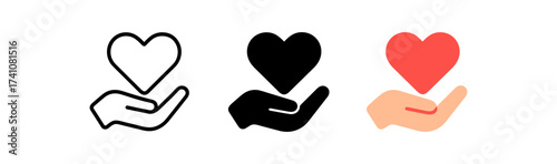 Heart and hand symbols in minimalist, silhouette, and flat styles for giving and care
