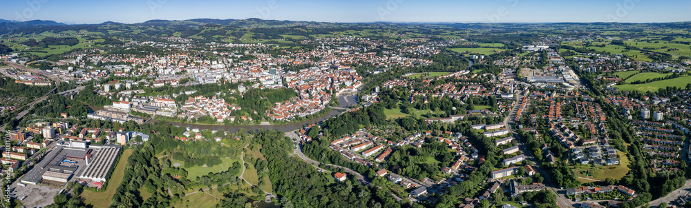 Fototapeta premium Aerial view around the old town of the city Kempten in Germany, Bavaria on a sunny spring day