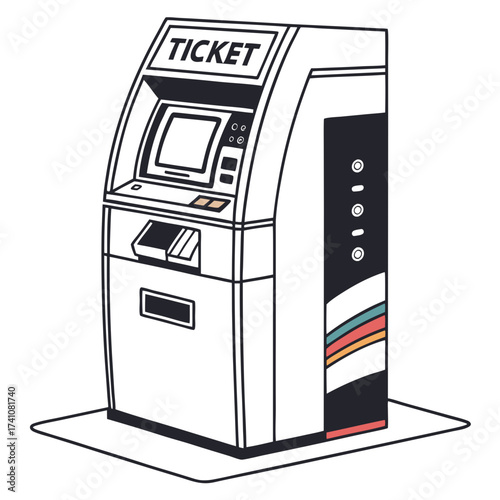 White ticket machine with colorful stripes and screen