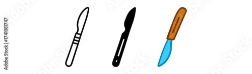 Diverse surgical scalpel designs in line art, silhouette, and cartoon styles