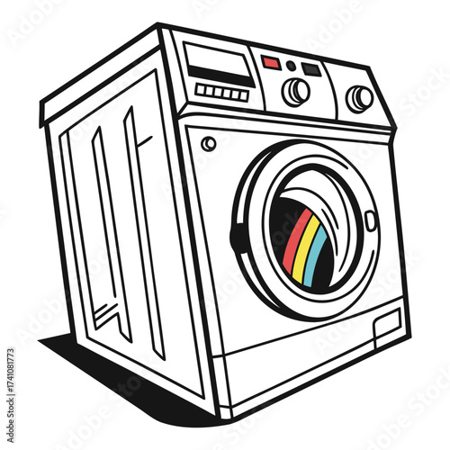 White washing machine with colorful display and drum