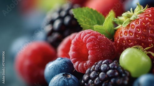 Vibrant mixed berry assortment with fresh dew drops glistening brightly