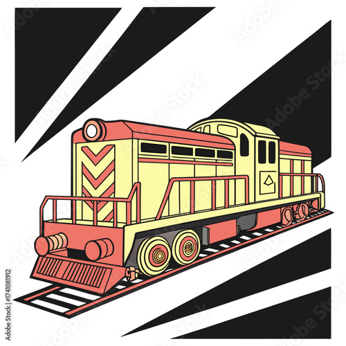 Yellow and red diesel engine train on tracks vector