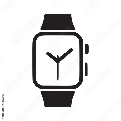 A simplistic graphic of a smartwatch with a square face and dark band on a white background view