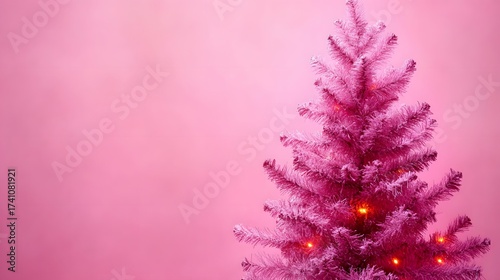 Pink christmas tree with glowing lights on pink background festive holiday decoration