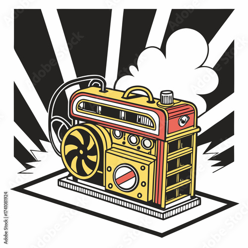 Yellow and red industrial engine with fan and steam