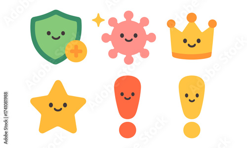 Cute kawaii icons collection: shield, virus, crown, star, exclamation, smiley faces