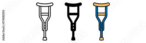 Set of three crutches in different styles: outline, solid, and colorful design