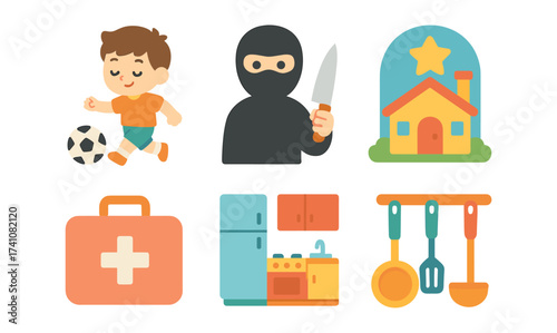 Playful kids, kitchen tools, and simple home objects in cute cartoon style