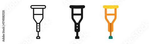 Crutch icons in various styles: monochrome, outline, and colorful design