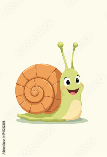 Happy Cartoon Snail with Shell in Pastel Landscape