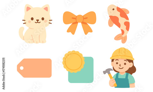 Flat style icons: cute kitten, orange bow, koi fish, and construction worker