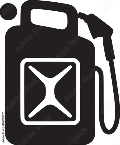 A black jerrycan with a white x symbol and a black fuel pump on a white background illustration