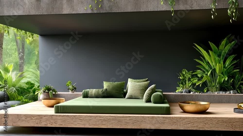 Relaxing outdoor space with lush greenery and modern design elements for calming living ideas