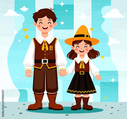 Happy Children in Traditional Outfits, Winter Landscape