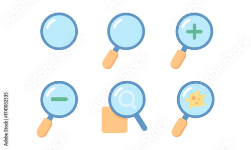 Magnifying glass icons: plus, minus, search, virus in flat design