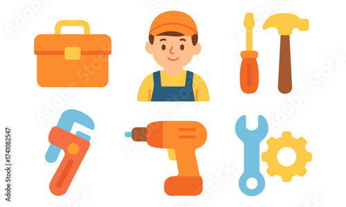 Friendly worker icon set with tools in flat style