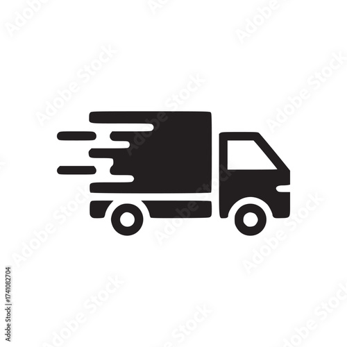 A simple black delivery truck icon with motion lines indicating speed on a white background design style
